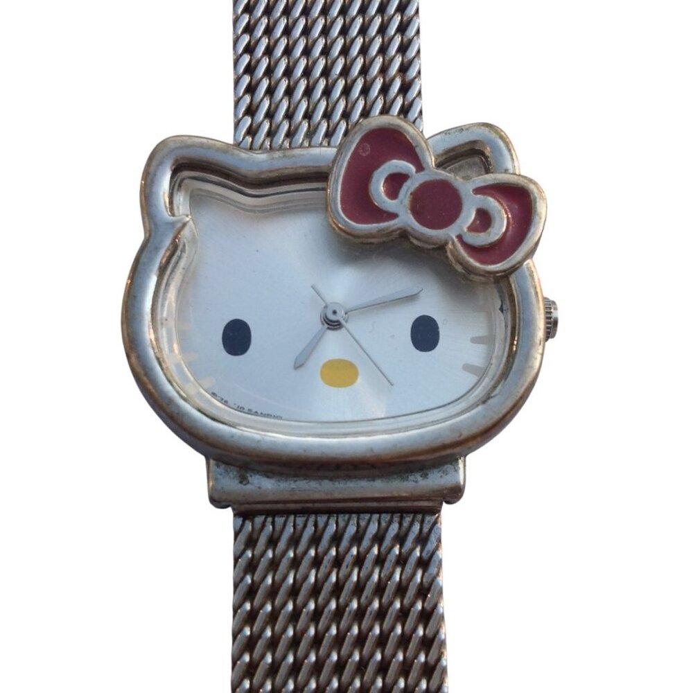 Hello Kitty Sanrio Wrist Watch Big Pink Bow Yellow Nose Silver Mesh Band
